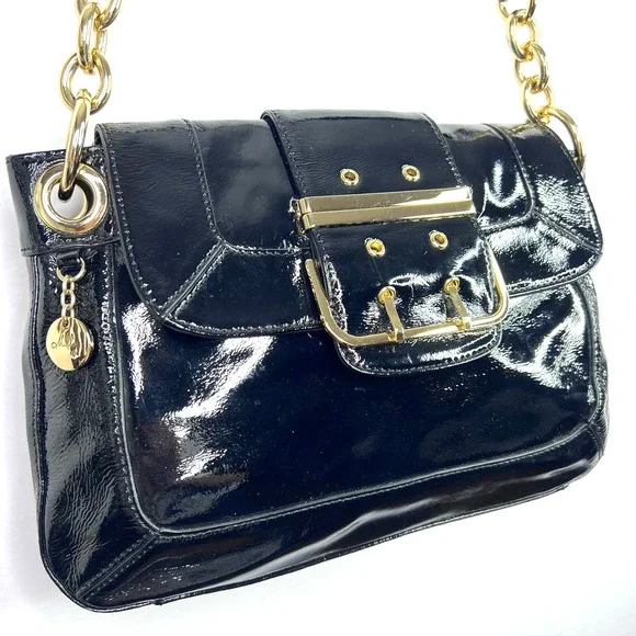 Milly Black Patent Leather Crossbody Purse Shoulder Bag Gold Chain Magnetic - Picture 2 of 8